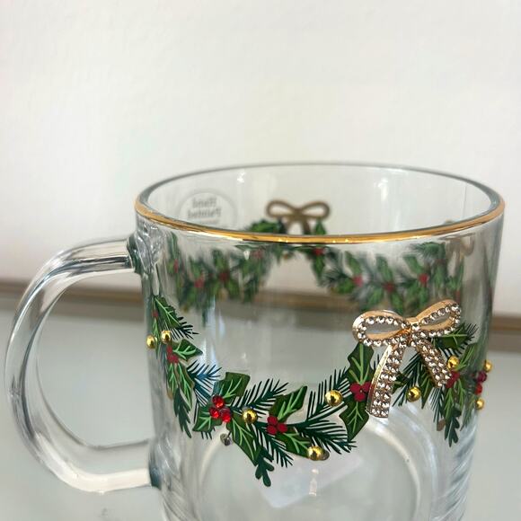 Hand Painted & Jeweled Thick Glass Mug Set of 2 Coquette Christmas Holly & Bows - Picture 13 of 16